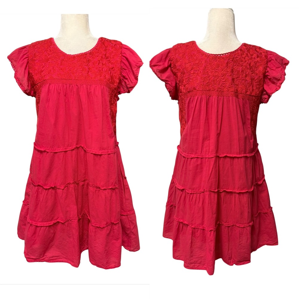J. Marie Dress Womens M Embroidered Tier Boho Peasant Feminine Cottagcore Pocket
